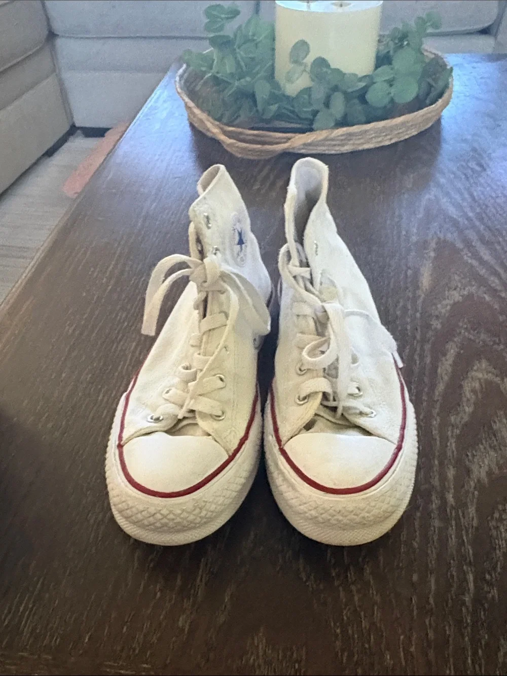 Converse Kids White High Top Sneakers with Red and Black Trim